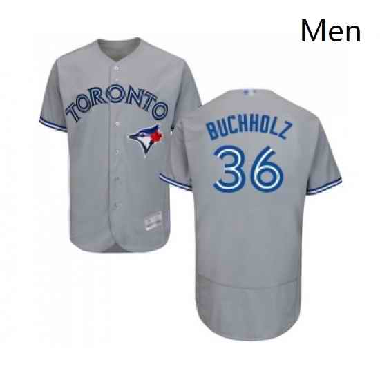 Mens Toronto Blue Jays 36 Clay Buchholz Grey Road Flex Base Authentic Collection Baseball Jersey